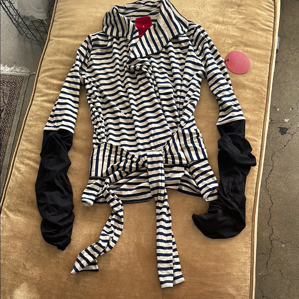 Double Layer Modal Cardigan Navy Stripes Designer Upscale Casual Cosy Yacht